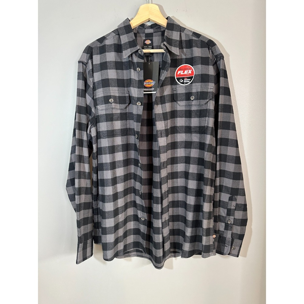 Dickies Men's Medium Flannel‎ FLEX Long Sleeve Relaxed Button Shirt Blk Gry NEW!